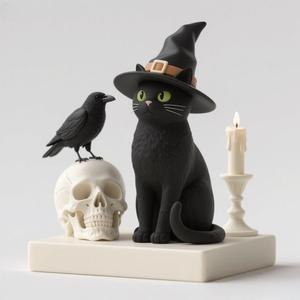 2337 Witch Cat with Skull, Raven, and Candlestick - Ivory-Style Figurine, magic, dragon, serpent, wood, gnome, gorgon, warrior, wild, fox, monster, cat, fair, witch, werewolf, horror, beast, snake, troll, skeleton dance