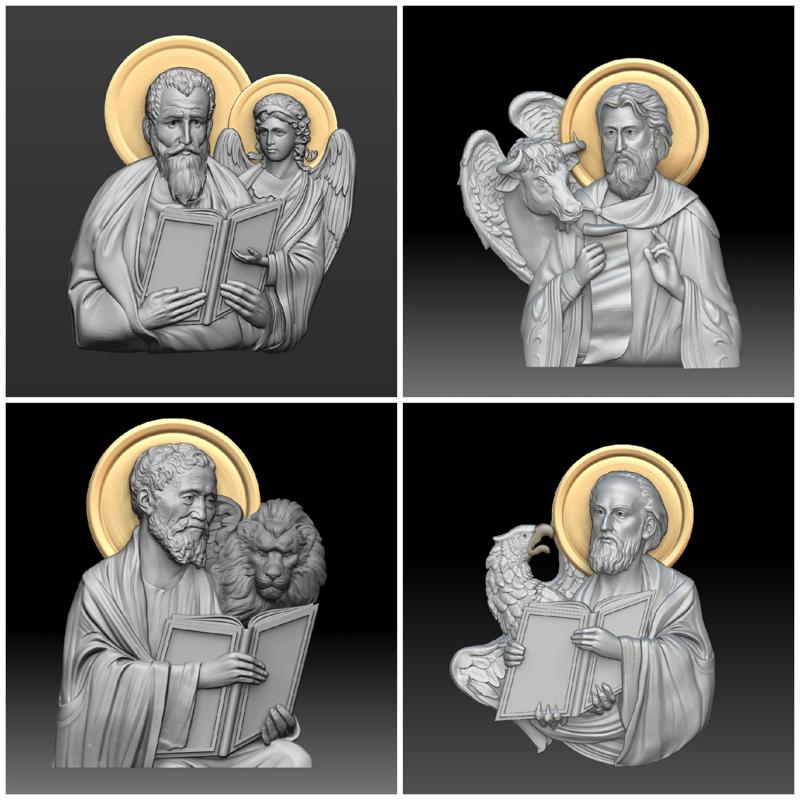 The Four Evangelists with Their Symbols – Byzantine 3D Relief Set