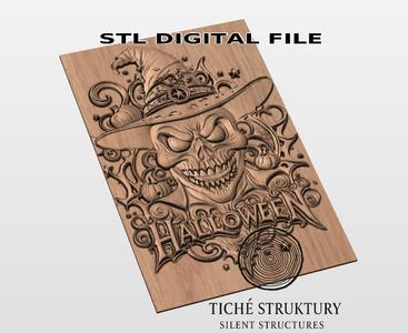 Halloween Skull with Witch Hat – Ornamental Gothic Relief – 3D STL Model