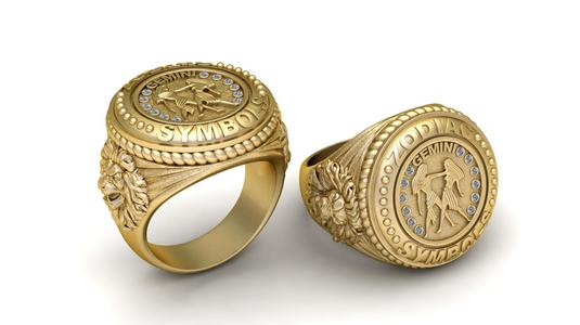 3D Printable Gemini Zodiac Symbol Signet Ring