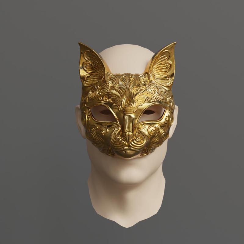 Ornamental Cat Mask 3D for Carnival/Cosplay | Gold Filigree STL Model