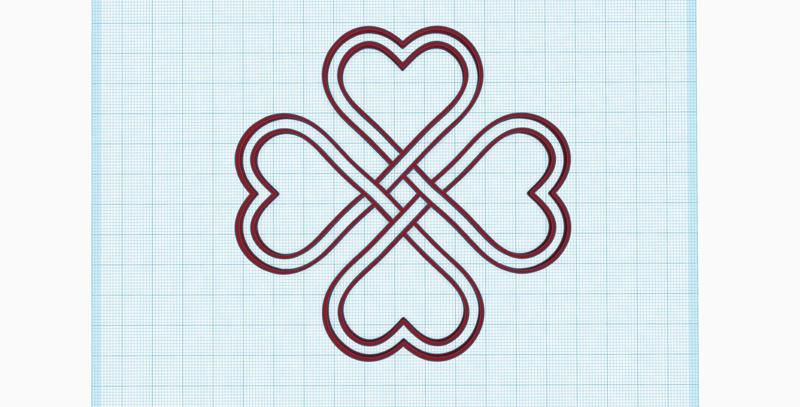 Love and Luck Symbol, intertwined hearts, Shamrocks, clover with four leaves, St. Patricks Day decoration