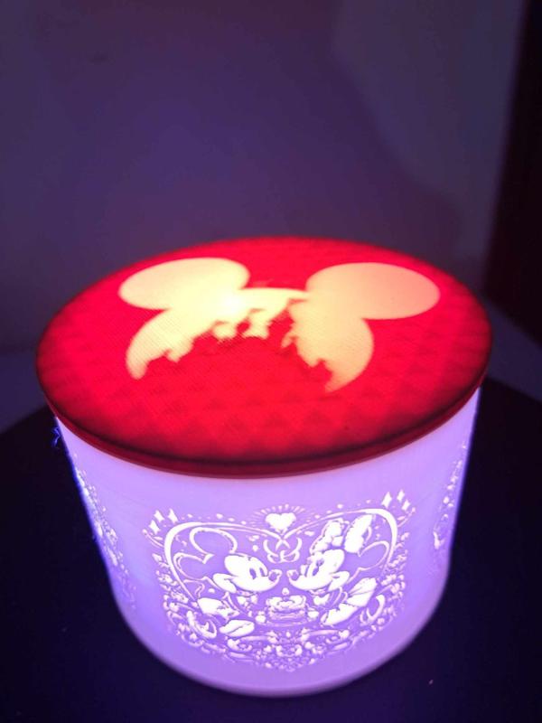 Cylindrical lithophany on the theme of Mickey and Minnie
