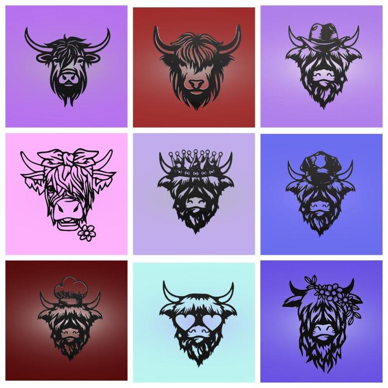 Set of 9 highland cows decorative murals