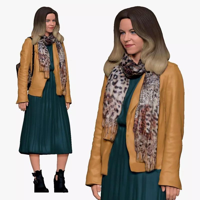 001233 woman in long green dress and yellow jacket 3dp