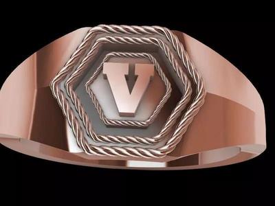 v alphabet hexagon signet ring stl verified