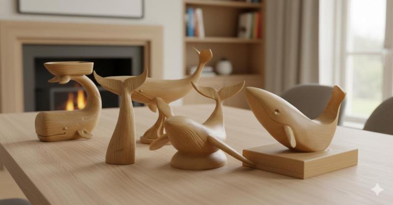Elegant Wooden Whale Statue | Minimalist Ocean-Themed Home Decor 3D Printed Model (Set of 5)