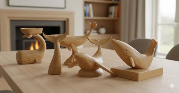 Elegant Wooden Whale Statue | Minimalist Ocean-Themed Home Decor 3D Printed Model (Set of 5)