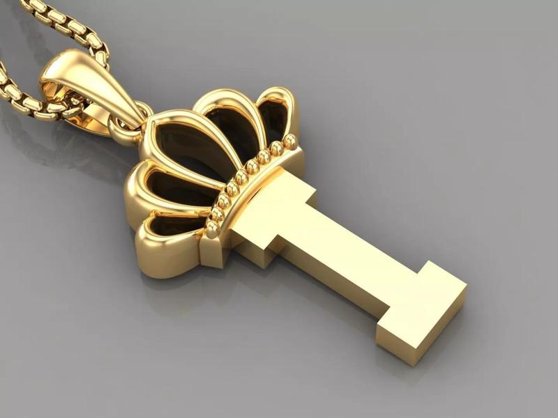 I Crown Letter Initial Pendant in 10kt Yellow Gold Cad Design