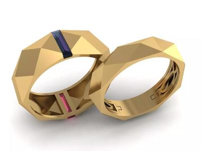triangular couple ring with two different colors gem stones