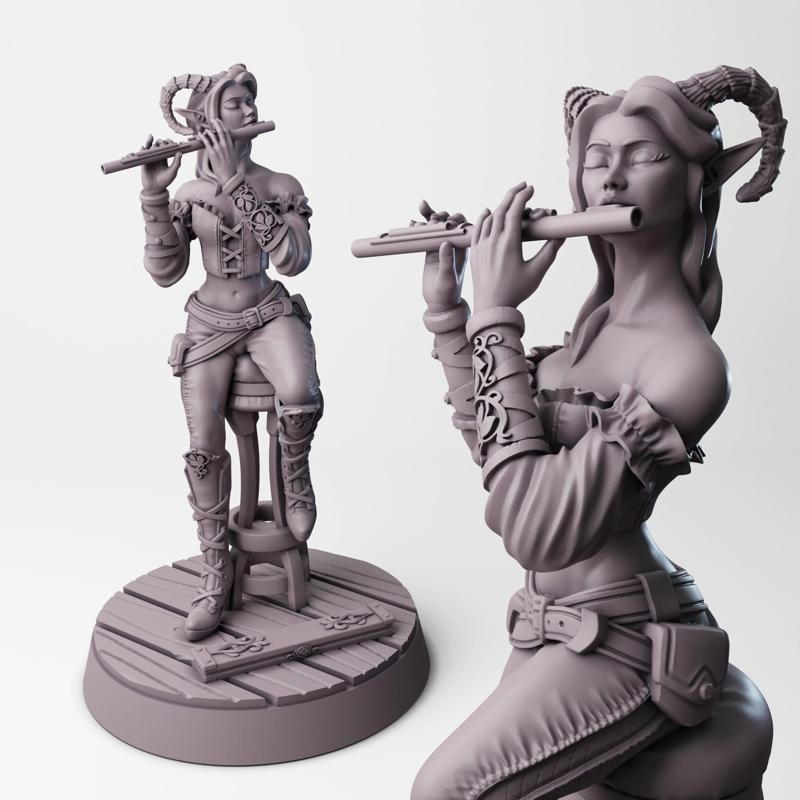 Tiefling Bard | Flute Playing Hellspawn Hero On Stool For Tabletop Fantasy RPG