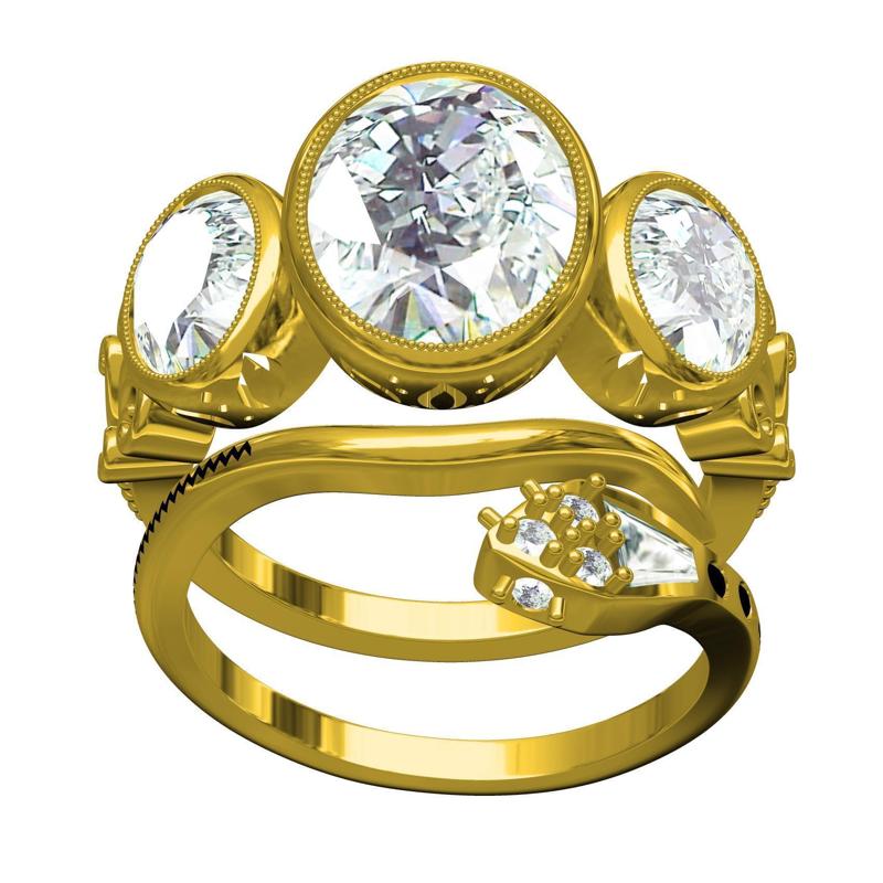 Three Stone Engagement Ring with Snake Design Wedding Band