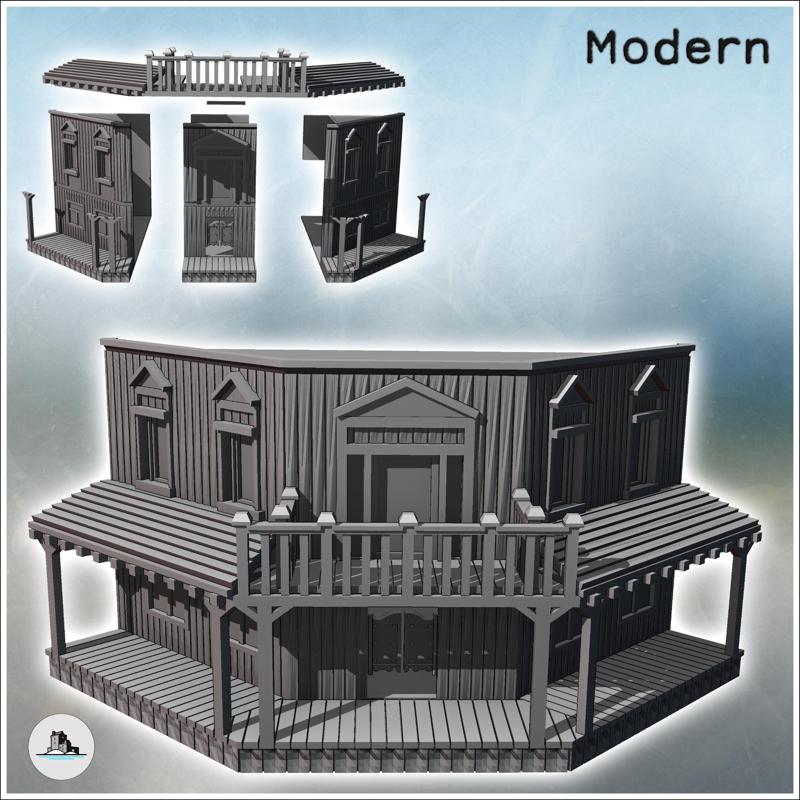 Western corner building with terrace and covered awning on a wooden platform (23) - Modern Old West Cow boy USA America ACW Civil War Diaroma Wargaming RPG Mini Hobby
