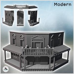 Western corner building with terrace and covered awning on a wooden platform (23) - Modern Old West Cow boy USA America ACW Civil War Diaroma Wargaming RPG Mini Hobby