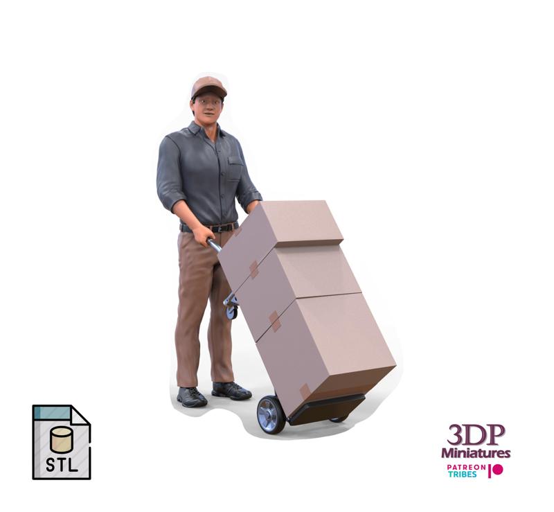 Package delivery guy with hand cart or construction worker 3D print model
