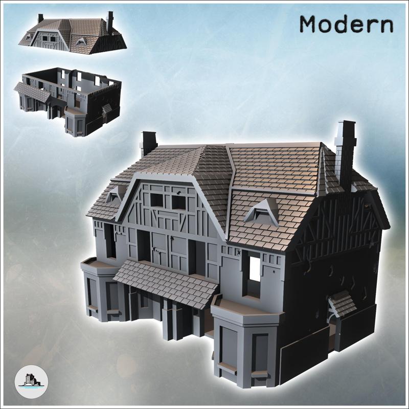 Multi-story house with tiled roof and chimneys (Juno Beach, Normandy, France) (29) - Modern WW2 WW1 World War Diaroma Wargaming RPG Mini Hobby
