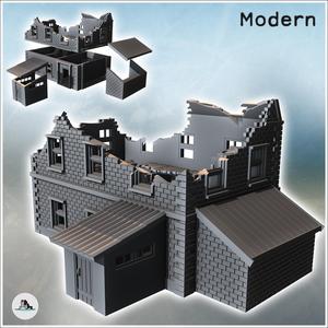 Brick building with two annexes and mansard roof (ruined version) (12) - Modern WW2 WW1 World War Diaroma Wargaming RPG Mini Hobby