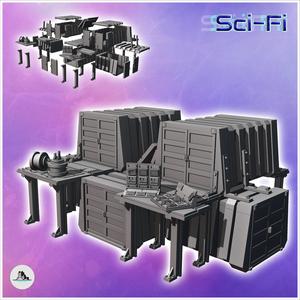 Shelter arranged in multiple futuristic metal containers with floors and four metal awnings (7) - Future Sci-Fi SF Post apocalyptic Tabletop Scifi Wargaming Planetary exploration RPG Terrain