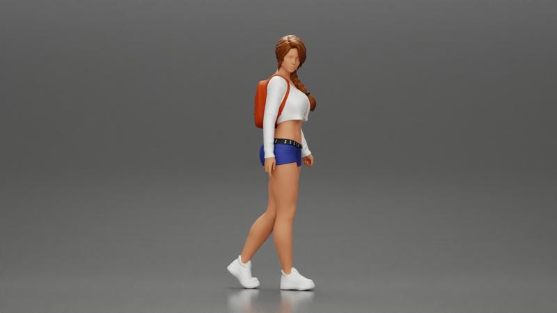 sexy girl walking in shorts and mini short and backpack