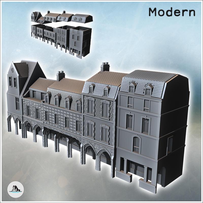 Set of modern multi-story buildings with colonnade passage and baroque tiled roofs (8) - Modern WW2 WW1 World War Diaroma Wargaming RPG Mini Hobby
