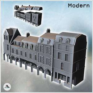 Set of modern multi-story buildings with colonnade passage and baroque tiled roofs (8) - Modern WW2 WW1 World War Diaroma Wargaming RPG Mini Hobby