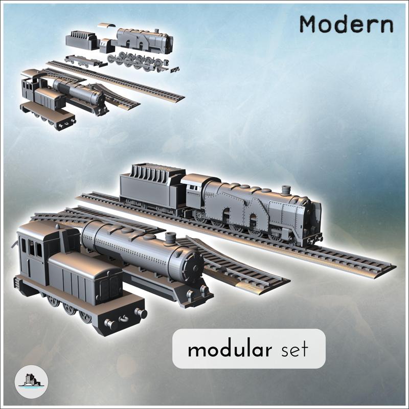 Set of steam and diesel locomotives with various types of tracks (3) - Modern WW2 WW1 World War Diaroma Wargaming RPG Mini Hobby