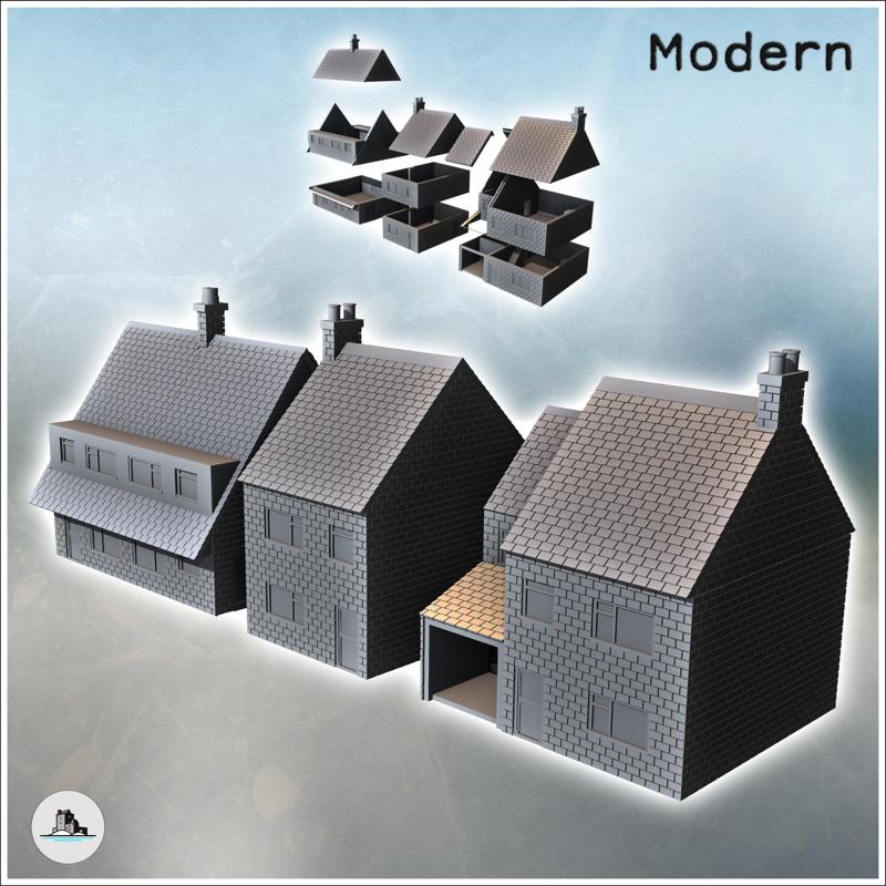 Set of three modern houses with garage and floors (12) - Cold Era Modern Warfare Conflict World War 3 RPG  Post-apo WW3 WWIII