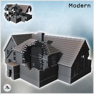 Large modern mansion with angled roof and central annex with chimney (destroyed version) (40) - Modern WW2 WW1 World War Diaroma Wargaming RPG Mini Hobby