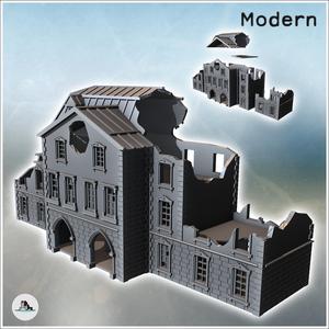 Large building with a zinc roof, hewn stone base, and flat-roofed side annexes (ruined version) (34) - Modern WW2 WW1 World War Diaroma Wargaming RPG Mini Hobby