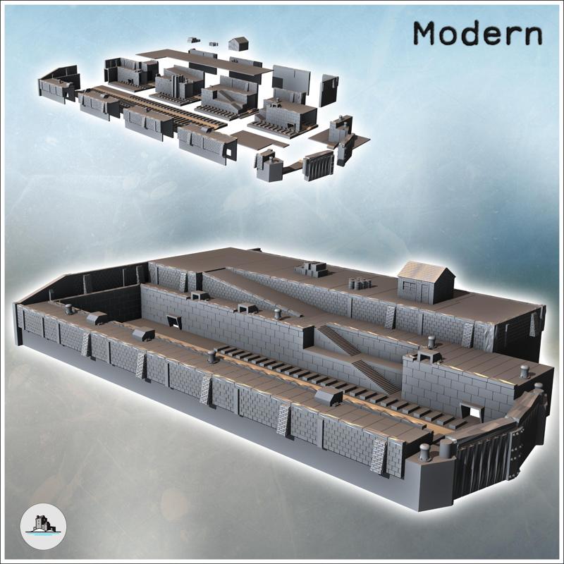 Large port dry dock for ships with brick and stone walls, multiple access stairs, and building (22) - Modern WW2 WW1 World War Diaroma Wargaming RPG Mini Hobby