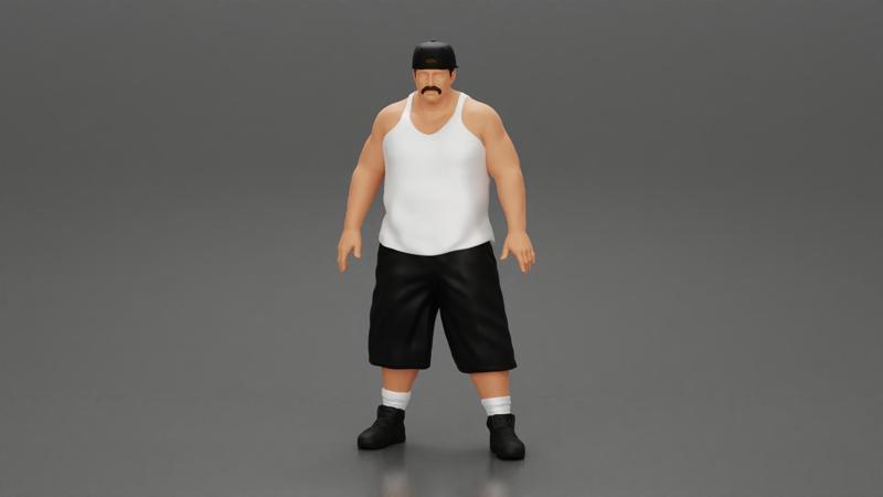 Big strong gangster homie in cap turned backwards and tank shirt standing