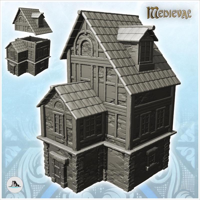 Large medieval half-timbered house with roof window (12)  - Medieval Gothic Feudal Old Archaic Saga 28mm 15mm