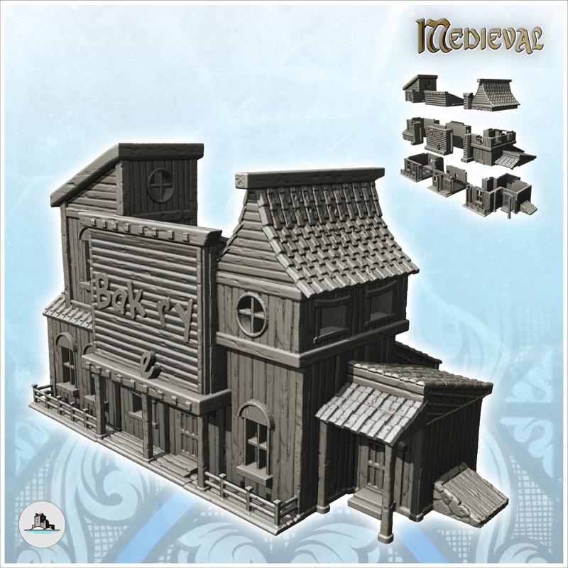 Large wooden bakery with annex and large sign (4) - Medieval Gothic Feudal Old Archaic Saga 28mm 15mm RPG