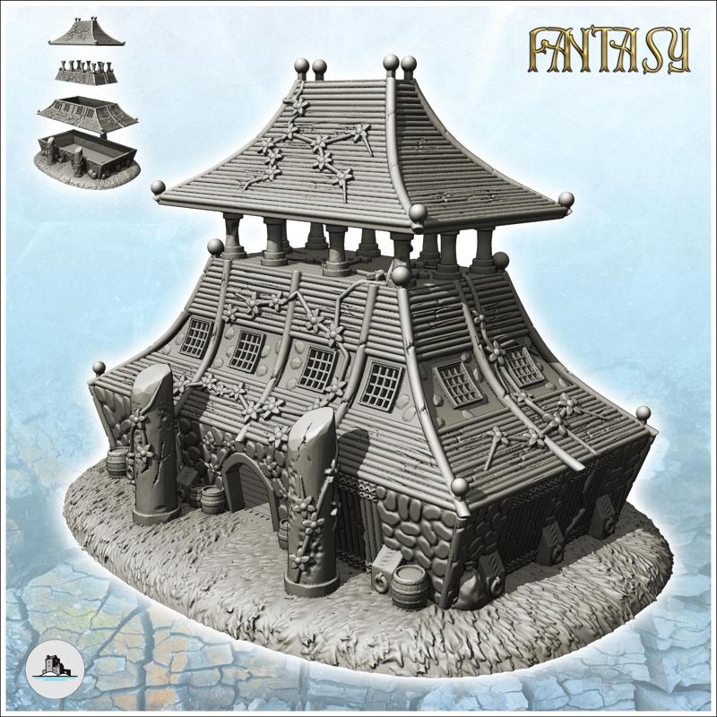 Large curved-roof medieval building with upstairs terrace and stone entrance totem (6) - Medieval Fantasy Magic Feudal Old Archaic Saga 28mm 15mm