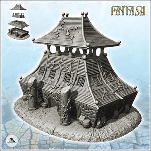 Large curved-roof medieval building with upstairs terrace and stone entrance totem (6) - Medieval Fantasy Magic Feudal Old Archaic Saga 28mm 15mm