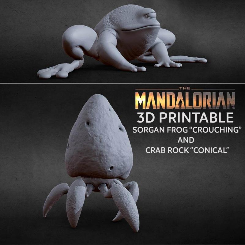3D PRINTABLE CRAB ROCK CONICAL AND SORGAN FROG CROUCHING THE MANDALORIAN