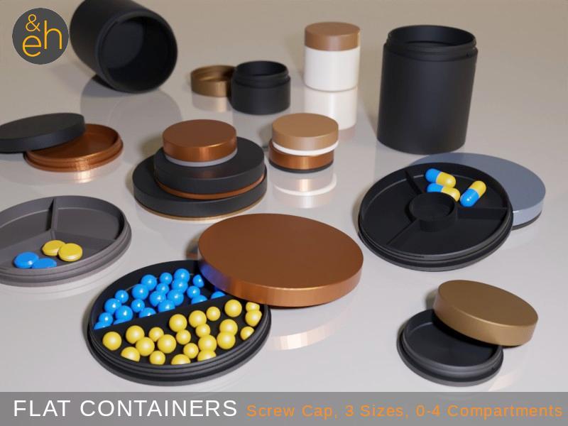 Flat Container - Screw Cap, 3 Sizes, 1-4 Compartments, All Purpose - Tin, Box, Can