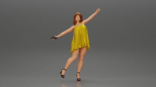 Happy Young Woman in dress and heels Standing on One Leg holding phone