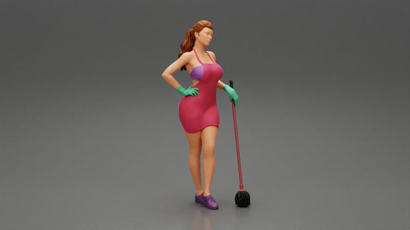 2 Models - Tired Housewife Holding Mop While Standing