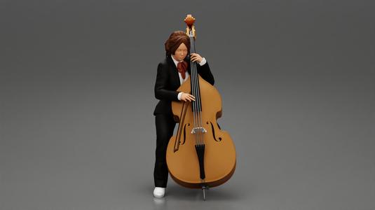 Beautiful young woman musician sitting on a vintage double bass