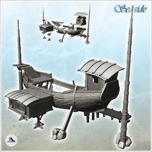 Dwelling in wooden boat hull with masts and pontoons (1) - Pirate Jungle Island Beach Piracy Caribbean Medieval Skull Renaissance