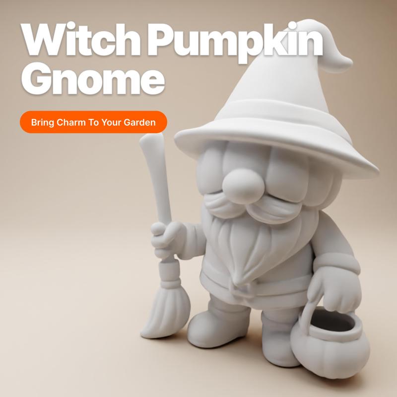 Witch Pumpkin Gnome – Halloween 3D Printable Figurine with Broom and Candy Bucket