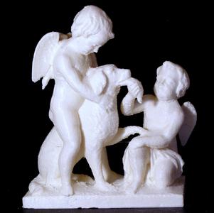 Cupids playing with a dog