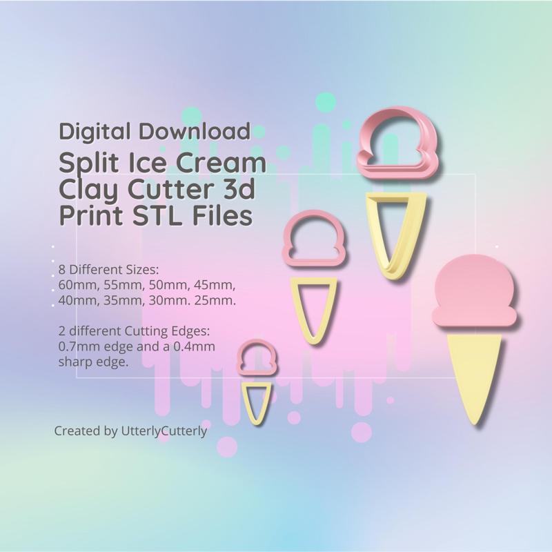 Split Ice Cream Clay Cutter - STL Digital File Download- 8 sizes and 2 Cutter Versions