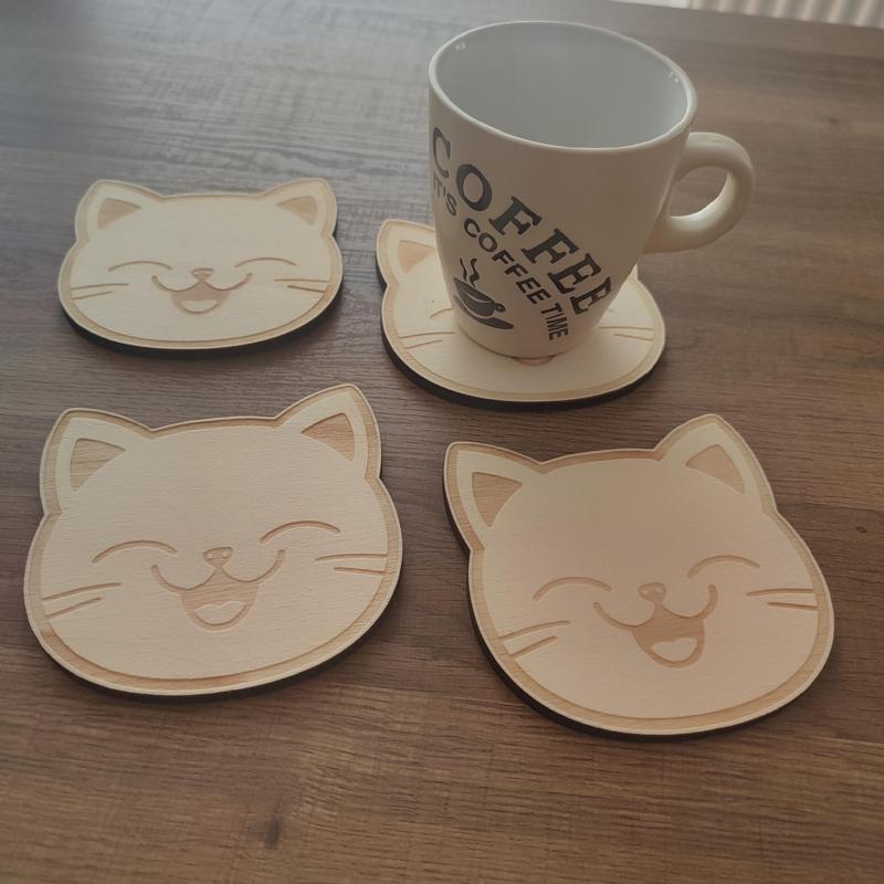 Cute laser-cut wooden cat head coaster