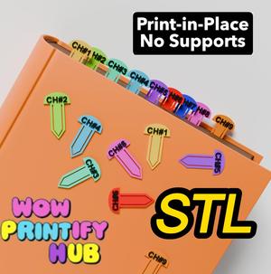 Chapter Marker Bookmark Set STL, Print-in-Place Page Divider, No Supports, 3D Print Digital File