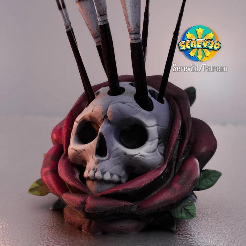 Skull Rose - Pen & Brush holder - desk organizer - Serev3D   