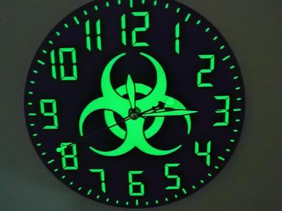 9 3/4 glow in the dark biohazard wall clock