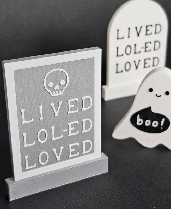 "LIVED LOL-ED LOVED" Funny Halloween Gravestone | Table Decor or Fridge Magnet | Rect Border Skull