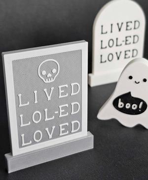 "LIVED LOL-ED LOVED" Funny Halloween Gravestone | Table Decor or Fridge Magnet | Rect Border Skull